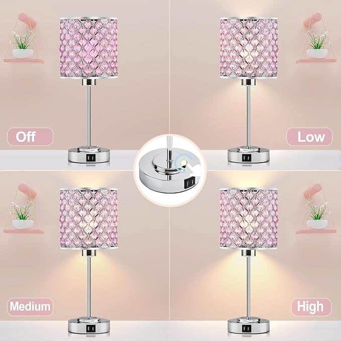 GyroVu Crystal Table Lamp, Bedside Crystal Lamp, Dimmable Touch Nightstand Lamp with USB-C+A Charging Ports Pink Night Lights Decorative Accent Lamp for Bedroom, Living Room, Office, Girls Room