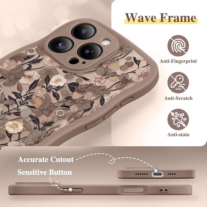 GVIEWIN for iPhone 16 Pro Max Case Compatible with MagSafe [Curly Wave Edge][Full Camera Protection] Floral Translucent Shockproof Magnetic Women Phone Case for 16 Pro Max, Apricot Blossom/Brown