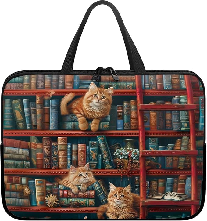 Vintage Bookshelf Laptop Sleeve Case Computer Cover Compatible with 10-17 Inch Tablet Cute Cat Protective Carrying Bag Briefcase Carrying Case, 13 Inch, Book Lover