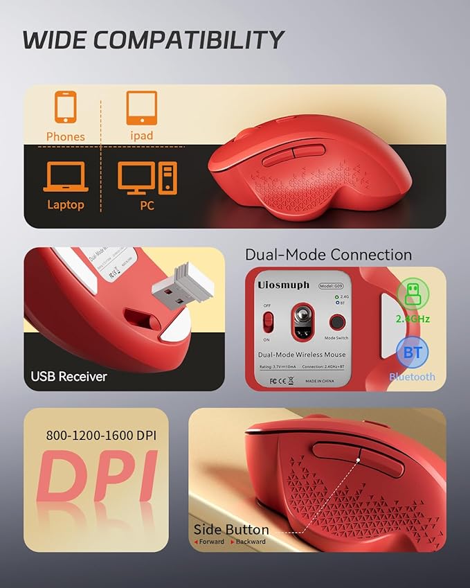 Uiosmuph G09 Bluetooth Wireless Mouse, BT5.1 & 2.4Ghz Rechargeable Computer Mouse with USB Receiver and Type C Adapter, Ergonomic Bluetooth Mice for Laptop, iPad, Mac - Red