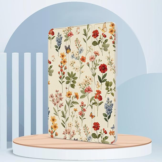 Case for iPad Pro 11-Inch M5/M4 2025/2024 (6th/5th Generation), Case with Pencil Holder, Clear Back Cover Cute Cool Design for Women Girls, Auto Sleep/Wake, Wildflower B