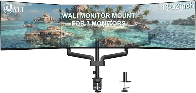 WALI Triple Monitor Mount for 13-32 inch Screens, Adjustable 3 Monitors Desk Mount with Swivel, Tilt, Clamp & Grommet Kit, Triple Monitor Stand for Desk, VESA 75x75/100x100mm (GSDM003), Black