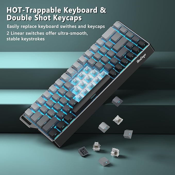BlueFinger 60% Wireless Mechanical Gaming Keyboard, Bluetooth/2.4G/USB-C Hot Swappable RGB Backlit Keyboard with Side-Printed PBT Keycaps, for MAC Xbox PC PS5, Black