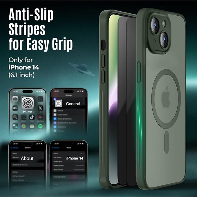 Symcele Designed for iPhone 14 Case, Compatible with MagSafe, with Privacy Screen Protectors X2, [Camera Protection] [15FT Military Drop Protection] Shockproof Phone Case, 6.1", Alpine Green