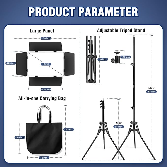2 Pack LED Video Light Kit with Barn Door, Kewaiaa 30W Photography Light Panel with Stand, 3000Lux 2500K-8500K Dimmable Studio Lights for Video Recording/Filming/Photoshoot Shooting/Live Streaming