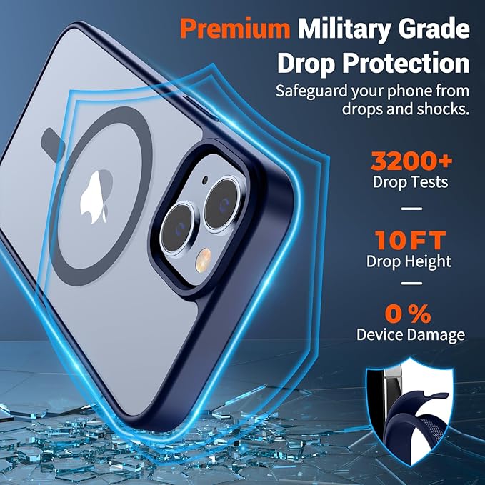 SUPFINE Magnetic for iPhone 15 Plus Case & iPhone 14 Plus Case(Compatible with MagSafe)(10 FT Military Grade Drop Protection) Slim Translucent Shockproof Phone Case,Navy Blue