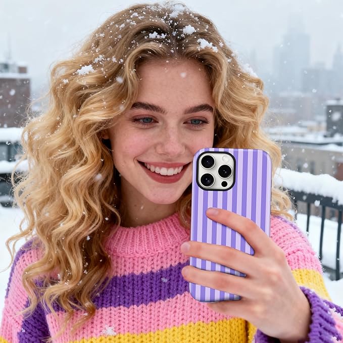 Magnetic for iPhone 15 Case Cute Stripes Phone Case, Shockproof Slim TPU and Hard PC Protective Phone Cover Compatible with MagSafe Designed for Women Girls, Light Purple