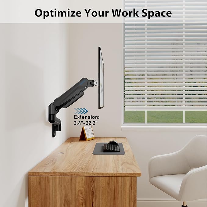 BONTEC Monitor Wall Mount Arm, VESA Gas Spring Height Adjustable, for 13-42 Inch Screens, Max 19.8lbs, Swivel, Tilt, Space-Saving Desk Mount, Easy Installation, Single Arm TV Mount, Max VESA 200x200