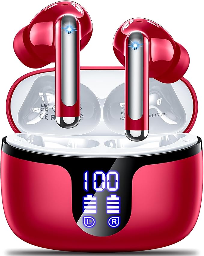 Wireless Earbuds Bluetooth 5.4 Headphones HiFi Stereo 42H Playback in Ear with 4 ENC Noise Cancelling Mic, IPX7 waterproof and LED battery display screen for Running Fitness Office Ear Buds in Red