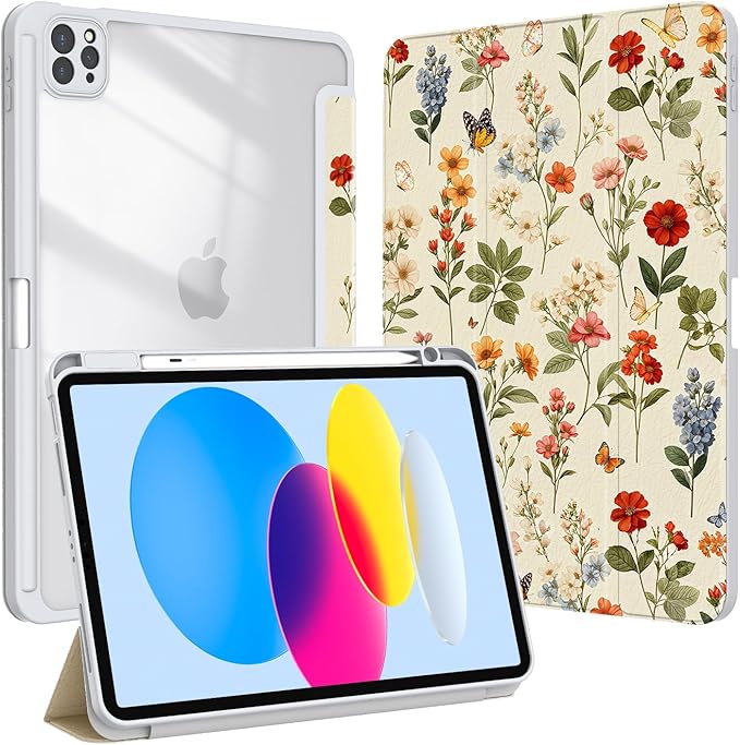 Case for iPad Pro 11 inch 4th/ 3rd/ 2nd / 1st Generation (2022/2021/2020/2018), Case with Pencil Holder, Stand Clear Back Cover Cute Cool Design for Women Girls, Auto Sleep/Wake, Wildflower B