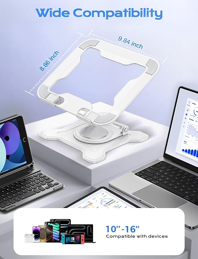 JCZT Adjustable Laptop Stand, 360° Rotating Base Ergonomic Computer Stand, Foldable Laptop Stand for Desk for Office Home Fits Compatible with MacBook Pro Air (10-16") - White
