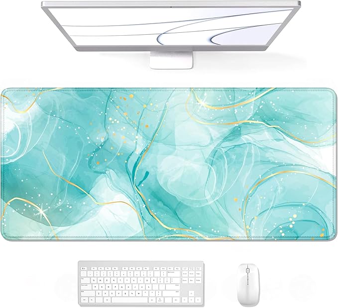 Auhoahsil Desk Mouse Pad, Large Gaming Mousepad, XXL Desk Pad, Extended Long Superior Micro-Weave Cloth Non-Slip Rubber Big Computer Mouse Mat for Gamer, Office & Home, 35" x 15", Teal Gold Marble