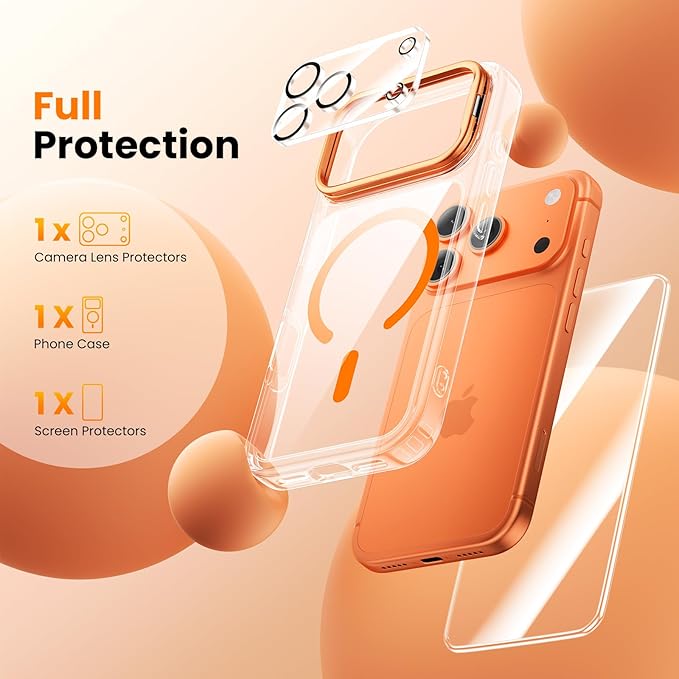Tigowos Magnetic for iPhone 17 Pro Case Fits MagSafe Camera Len Protector*1 16FT Drop Resistant Matte Skin Feeling Back Cover Shockproof Slim Fit for iPhone 17 Pro Phone Case 6.3 inch,Orange