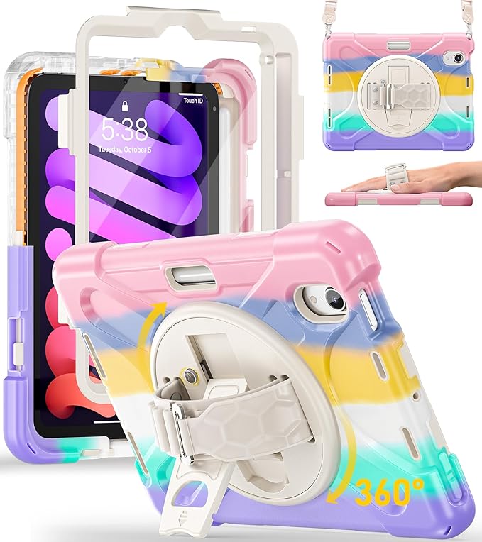 BRAECN for iPad mini 7(A17 Pro)/ 6 case 2024/2021 8.3 inch Heavy Duty Shockproof Protective with Pencil Holder Screen Protector 360°Rotating Stand Handle Full Body Cover Shoulder Strap Kids Friendly