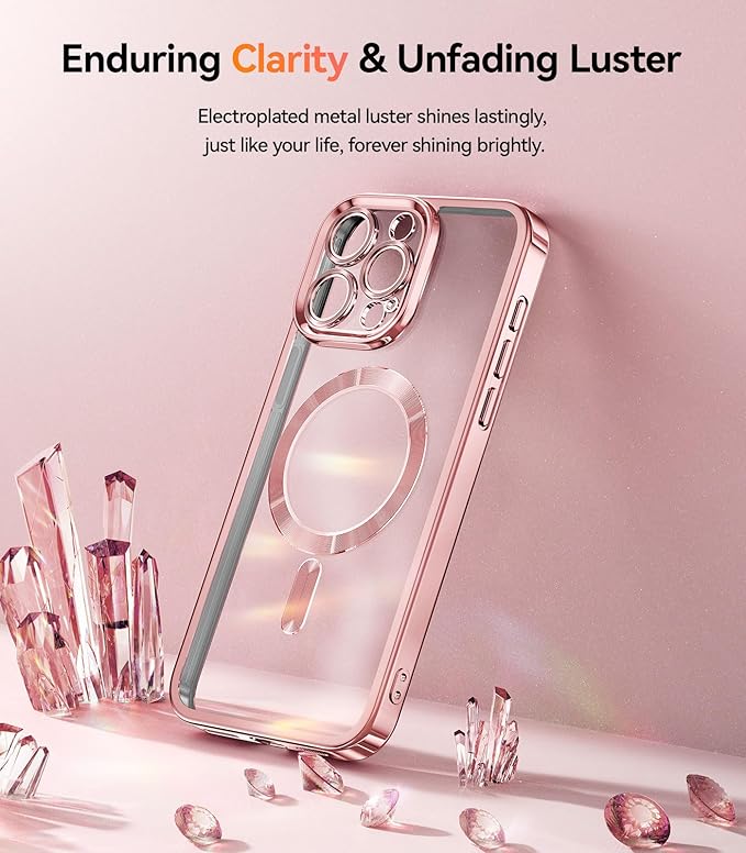 Meifigno for iPhone 15 Pro Case 6.1", [Glitter Card & Wrist Strap] [Compatible with MagSafe] [2X Screen Protectors] Surround Raised Camera Lens Protection for 15 Pro Case, Rose Gold