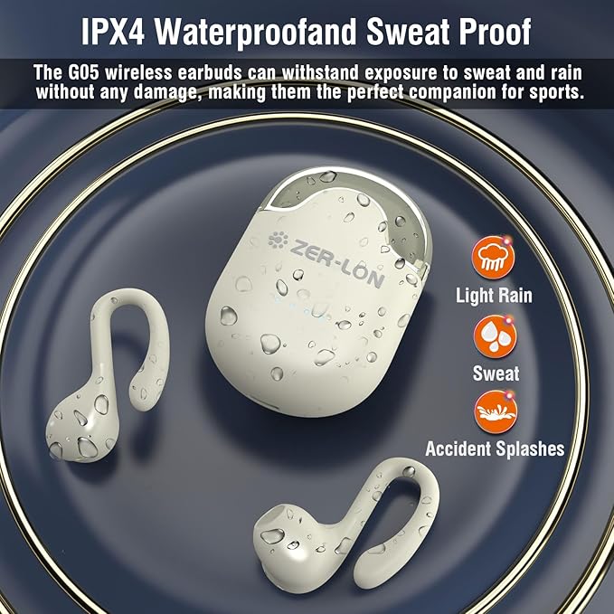 ZER-LON Wireless Earbuds, Bluetooth 5.3 Headphones 60hrs Playtime Noise Cancelling Wireless Headphones Waterproof Over-Ear Buds with Earhooks Built-in Mic Headset for Workout Sports (Cream)