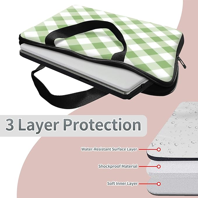 Universal Tablet Laptop Sleeve Case 10 inch, Green and White Checkered Slim Carrying Case Travel Laptop Bag Durable Handbag for 7 to 10-inch Laptops/Notebook/Kids Tablet/ipad/eBook Readers