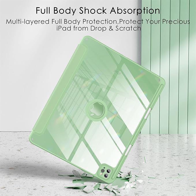 Soke for New iPad Air 13 Inch Case (M3 2025/M2 2024) with Pencil Holder, [Auto Wake/Sleep + Camera Protection] Shockproof Cover with Clear Transparent Back for Apple iPad Pro 12.9", Matcha Green