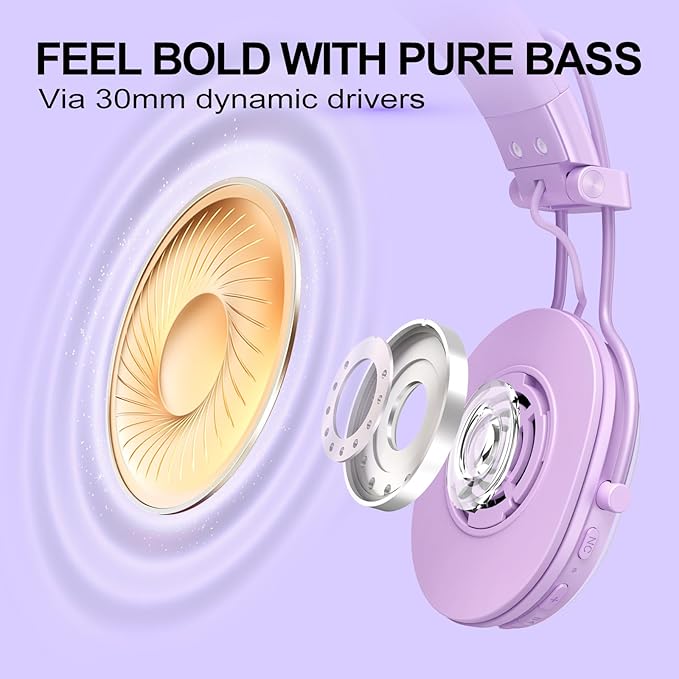 Wireless On-Ear Headphones, Active Noise Cancelling, Bluetooth 5.4, Hi-Res Sound, 55H Playtime, Lightweight and Comfortable, Foldable Design, for Home Office Travel, Purple
