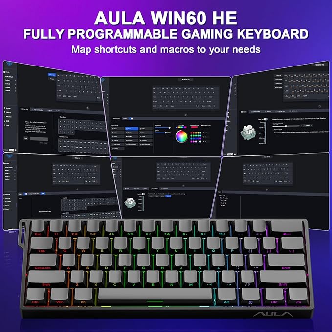 Aula WIN60 HE 60% Mechanical Keyboard Wired, Hall Effect Gaming Keyboard Magnetic Switch Hot Swappable, Adjustable Actuation Rapid Trigger Mode 8000Hz Polling Rate, RGB Keyboard 60 Percent Design