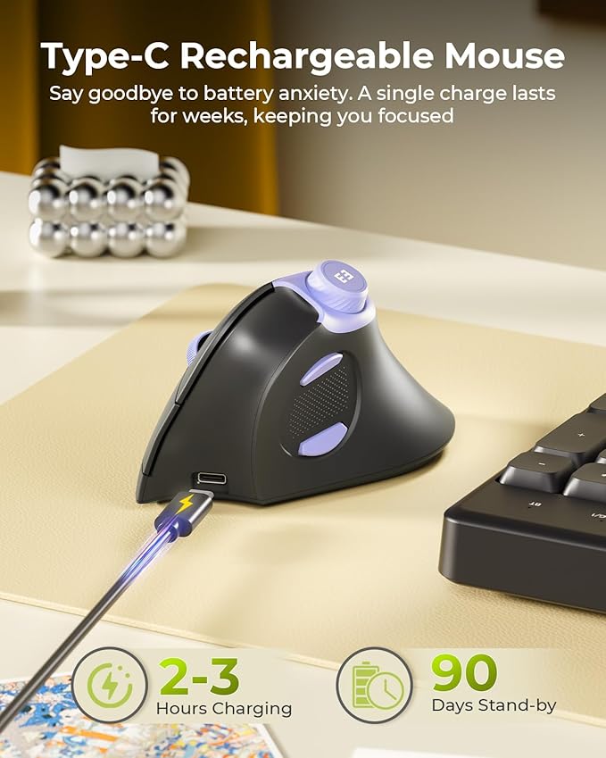seenda Ergonomic Mouse Wireless, MOU-302 Bluetooth Vertical Mouse Rechargeable, Volume Knob, Silent Mice & 1000/1600/2400 DPI, 3 Multi-Device Connection for Windows/PC/Laptop/Mac/MacBook, Black Purple