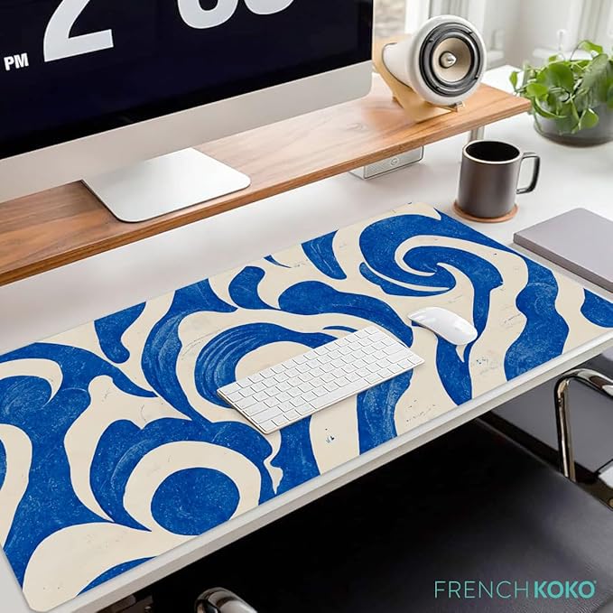French KOKO Desk Mat, Large Desk Pad Large Mouse Pad Cute Desk Accessories Home Office Essentials XL Desk Mat Desk Pad Keyboard Mouse Desk Pads Computer Cute Women Girls (Blue Waves, 36" x 16.5")
