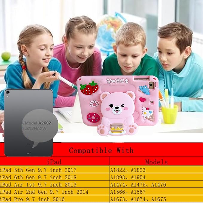 3D Cute Bear Case for iPad Air 1st 2nd/iPad Pro 2016/iPad 5th 6th 9.7 inch,Kawaii Cartoon Pretty Sweet Bear Soft Silicone Foldable Stand Case with Lanyard for Kids Teens Girls Women