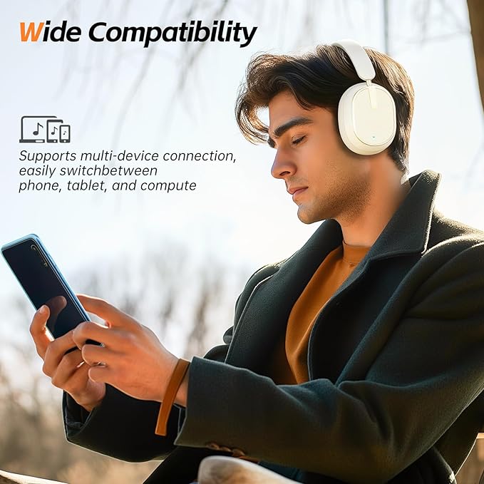 Hybrid Active Noise Cancelling Bluetooth Headphones,Bluetooth 6.0 Over Ear Wireless Headphones with 60H Playtime, Hi-Res Audio, Deep Bass, Memory Foam Ear Cups for Home Office Travel White