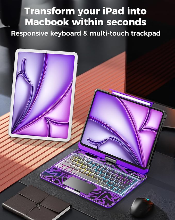 SIBEITU Clear Wireless Keyboard Case for iPad Air 13-inch M4/M3/M2 (2026/20252024) & iPad Pro 12.9-inch 6th 5th 4th 3rd Gen, Precision Trackpad & 7-Color Backlit, Pencil Holder, 360°Rotatable, Purple