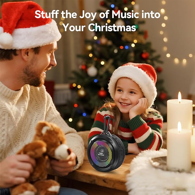 Bluetooth Shower Speaker, Soundace S6 IPX7 Waterproof Portable Speaker with Suction Cup, Hook, Lights,Stocking Stuffers, Premium Mini Outdoor Wireless Speake Ideal Gift for Christmas (Black)