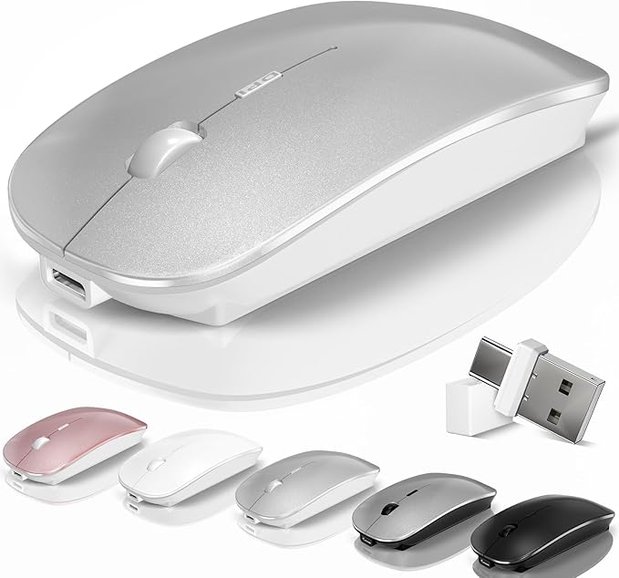 Kovess Wireless Bluetooth Mouse for Mac Air MacBook Pro Laptop PC Pad Optical Rechargeable Silent Mouse with Jiggler Mode Dual Mode Switch Bluetooth 5.2/3.0 and 2.4G USB-A & USB-C Receiver Silvery