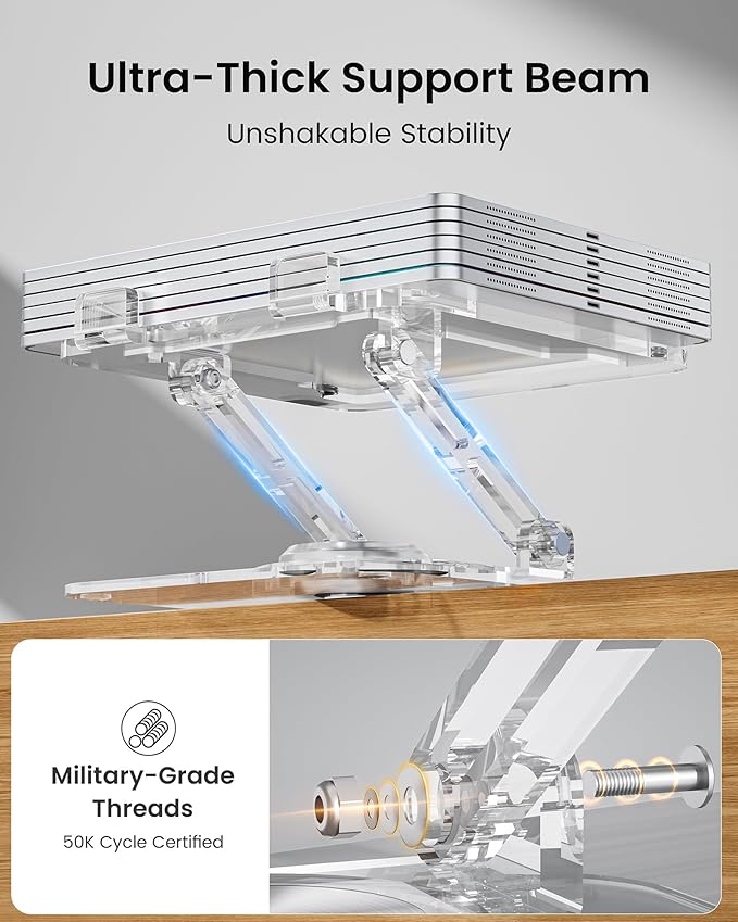 Laptop Stand for Desk - Adjustable, Foldable Clear Acrylic Riser with 360° Rotating Base, Ergonomic Laptop Holder for MacBook Pro/Air & 10-16” Notebooks