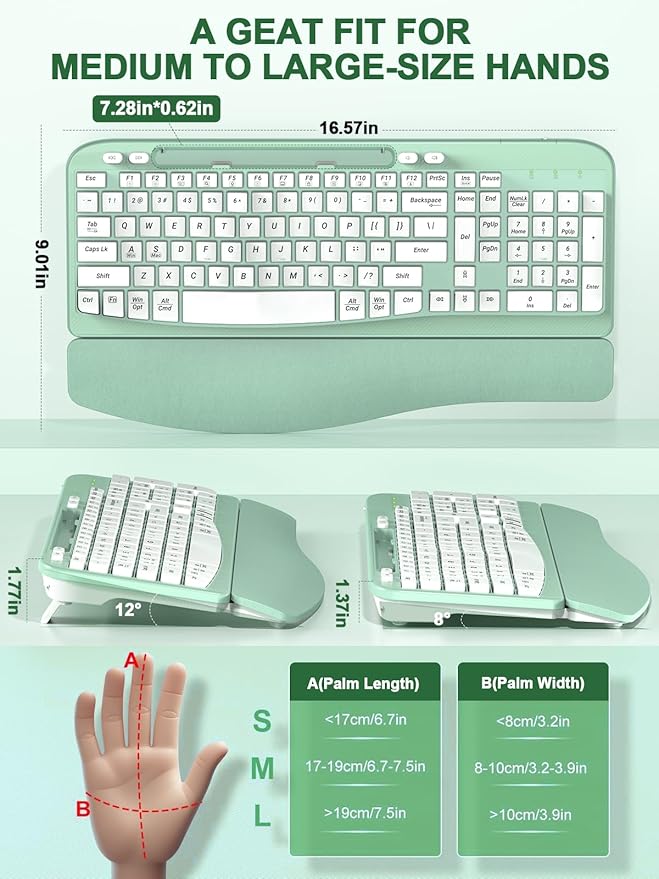 Ergonomic Wireless Keyboard with Cushioned Wrist Rest, Wave Keys, Phone Holder, Comfortable Natural Typing, 2.4GHz Full Size Cordless USB Computer Keyboard for Windows, Mac OS, Laptop, PC (Mint Green)