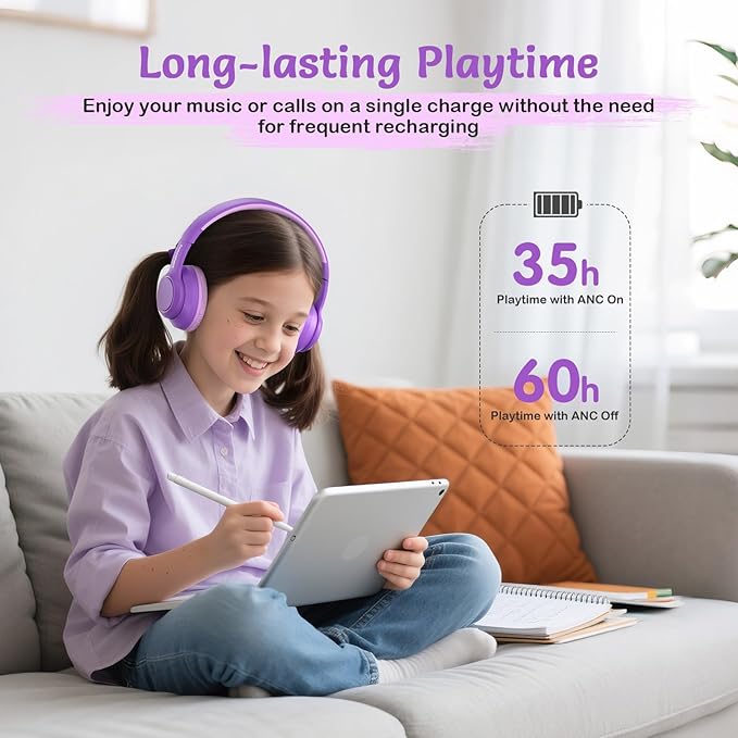 TONOSHARK Kids Bluetooth Headphones with Active Noise Cancelling, Wireless Over-Ear Headphones for Boys Girls, Foldable, Adjustable, 40H Playtime, Mic for School Travel(Purple)