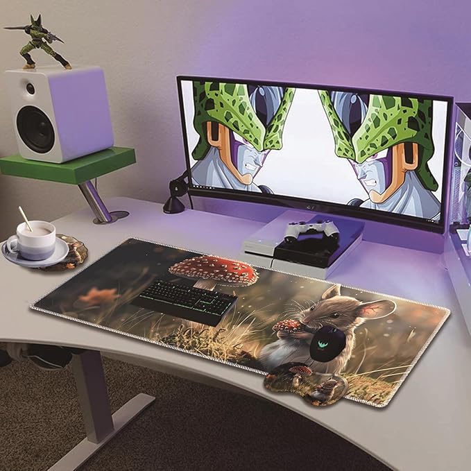 Extended Non-Slip Mouse Pad + Mouse Wrist Rest + Lace-Shaped Coaster Set, Ergonomic Design, Suitable for Desk and Home Gaming Table Mat, Hamsters and Mushrooms