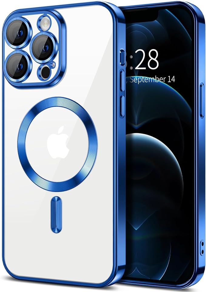 Hython Magnetic Clear for iPhone 12 Pro Case with Camera Lens Protector [Compatible with MagSafe] Luxury Plating Edge Slim Soft TPU Cover Protective Phone Case for iPhone 12 Pro 6.1", Deep Blue