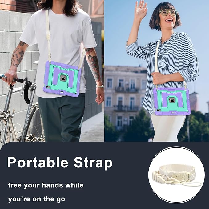 Kids Friendly Case for iPad Air 11 Inch M4 M3 M2 2026/2025/2024 Case with Pencil Holder & Shoulder Strap, Military Grade Shockproof Kickstand Hard Shell Protective Cover,Purple+Mint