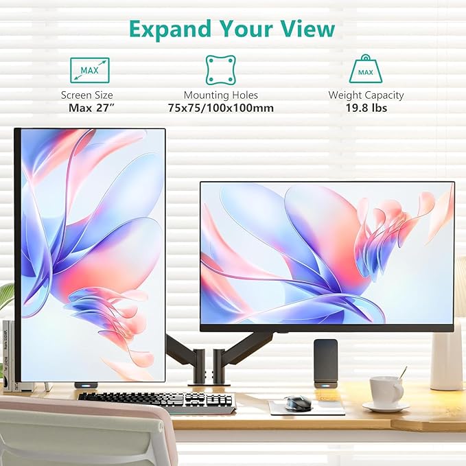 WALI Dual Monitor Mount for 13-27 inch Screens, Dual Monitor Arms for 2 Monitors Holds 19.8 lbs, Adjustable Dual Monitor Stand for Desk, VESA Mount 75x75/100x100mm (GSMP002), Black