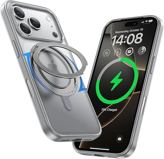 MAGIC JOHN 360° Rotatable Magnetic Invisible Stand for iPhone 17 Pro Case [Camera Control Button] [Compatible with MagSafe] 16FT Shockproof for iPhone 17 Pro Case with Kickstand, Gray