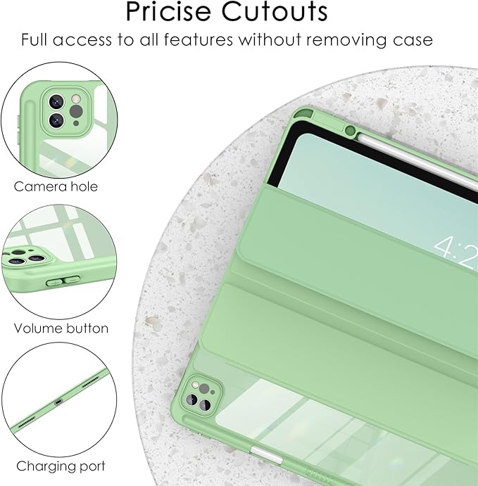 Soke for New iPad Air 13 Inch Case (M3 2025/M2 2024) with Pencil Holder, [Auto Wake/Sleep + Camera Protection] Shockproof Cover with Clear Transparent Back for Apple iPad Pro 12.9", Matcha Green