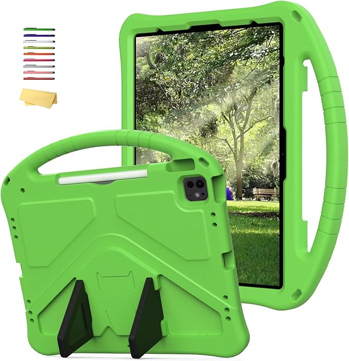 Kids Case for iPad Air 13 inch M4/M3/M2 (2026/2025/2024) with Pencil Holder/Shockproof Handle/Kickstand/Slim Lightweight Soft EVA Foam Folio Stand Tablet Protective Girls Boys Cover, Green