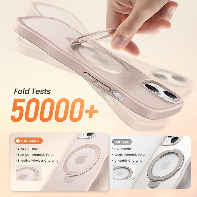 CAPRARO for iPhone 13 Case & iPhone 14 Case with 360° Spin Magnetic Stand for Women, [Compatible with MagSafe] [Camera Protection] Cute Wave Translucent Matte Case for iPhone 13/14, Rose Gold