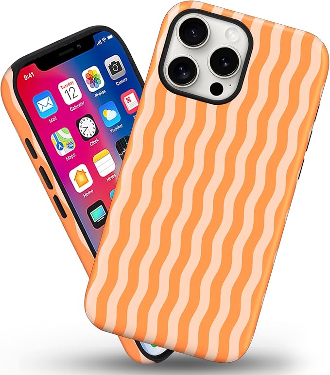 Magnetic for iPhone 15 Pro Max Case Cute Wavy Stripes Phone Case, Shockproof Slim TPU and Hard PC Protective Phone Cover Compatible with MagSafe Designed for Women Girls, Orange