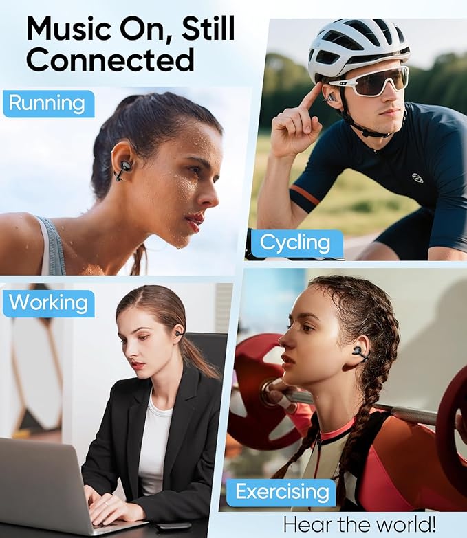 Clip on Earbuds Wireless, Lightweight Open Ear Earbud with Physical Button, Deep Bass Sound Bluetooth 6.0 Headphone Support Dual-Device, 60H Play Time, Ideal for Workout, Running, Subway