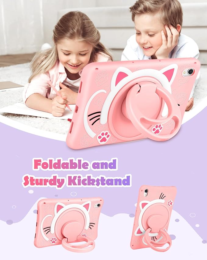 Wazzasoft for Samsung Galaxy Tab S9 Case 11 Inch - Cute Cartoon Kawaii Cat Kitten Girls Girly 3D Soft Silicone Tablet Cover with Rotating Stand & Strap Funda for Galaxy Tab S9 Case