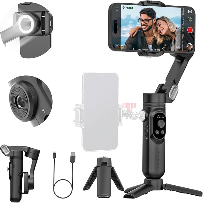 AOCHUAN 3-axis Phone Gimbal Stabilizer for iPhone 15/14/13 Pro Max Android w/Face Tracking,1/4"Threads,Built-in Fill Light, Portable Smartphone Gimbal Video Recording for TikTok,YouTube-Smart X Black