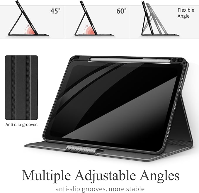 auaua Case for iPad Pro 11 Inch (M5/M4) 2025/2024, PU Leather Case with Pencil Holder, Supports Pencil Pro and Pencil(USB-C), Adjustable Angles, Auto Sleep/Wake (Grey)