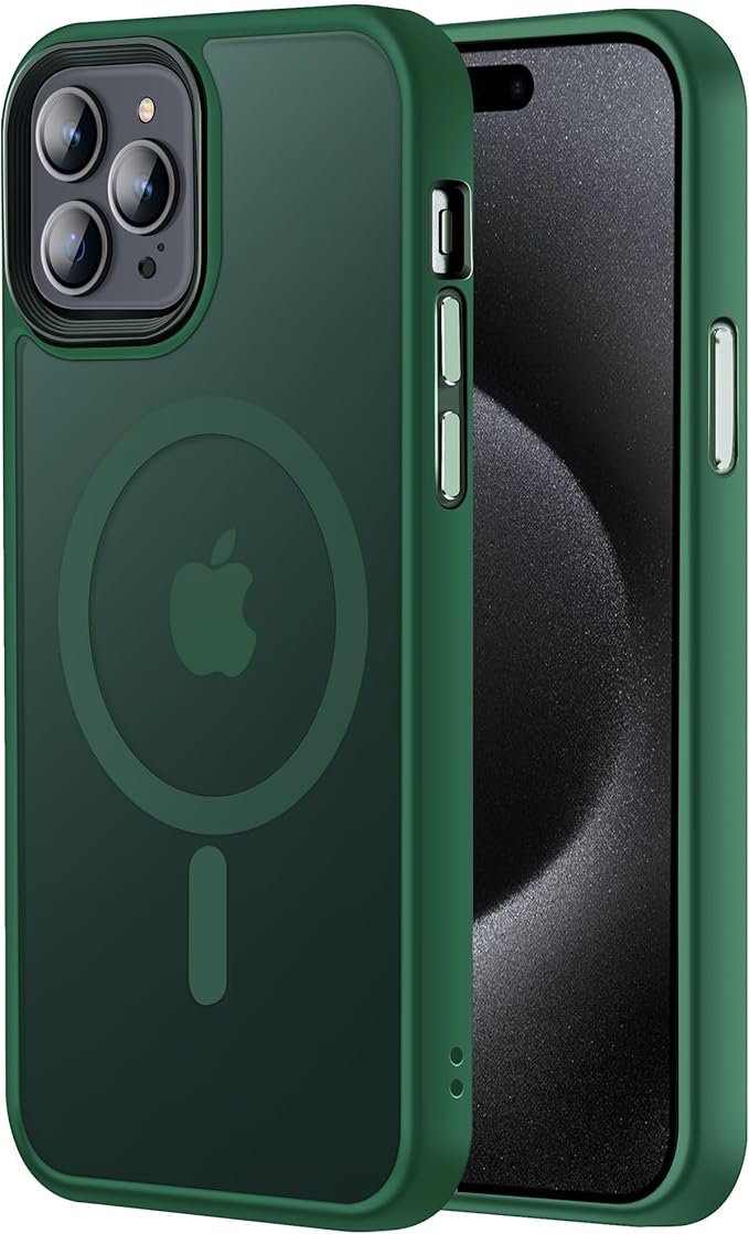 Tigowos Compatible with iPhone 15 Pro Case Fits MagSafe 10FT Drop Resistant Matte Skin Feeling Back Cover Aluminum Alloy Keys Fits iPhone 15 Pro Phone Cases，Green
