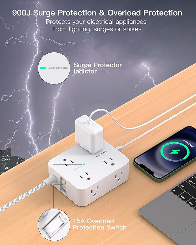 Extension Cord 20 Ft, HANYCONY Power Strip Surge Protector with 8 Outlets 4 USB Ports(2 USB C), Long Cord, Flat Plug, Wall Mount, Desk USB Charging Station for Home Office Essentials