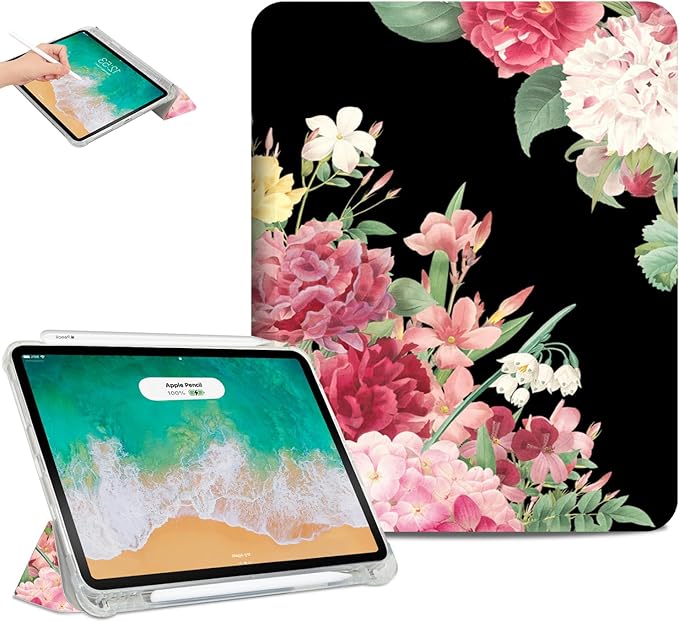 for iPad Air 11 Inch Case M4/M3/M2 2026, for iPad Air 5Th/4Th Gen Cases 10.9-inch,for iPad Pro 11 Inch Case 4Th/3Rd/2Nd/1St Generation Slim Pencil Holder 2 Viewing Stand Typing Stand, Flower